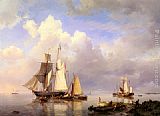 Hermanus Koekkoek Snr Canvas Paintings - Vessels at Anchor in an Estuary with Fisherman hauling up their rowing boat in the Foreground